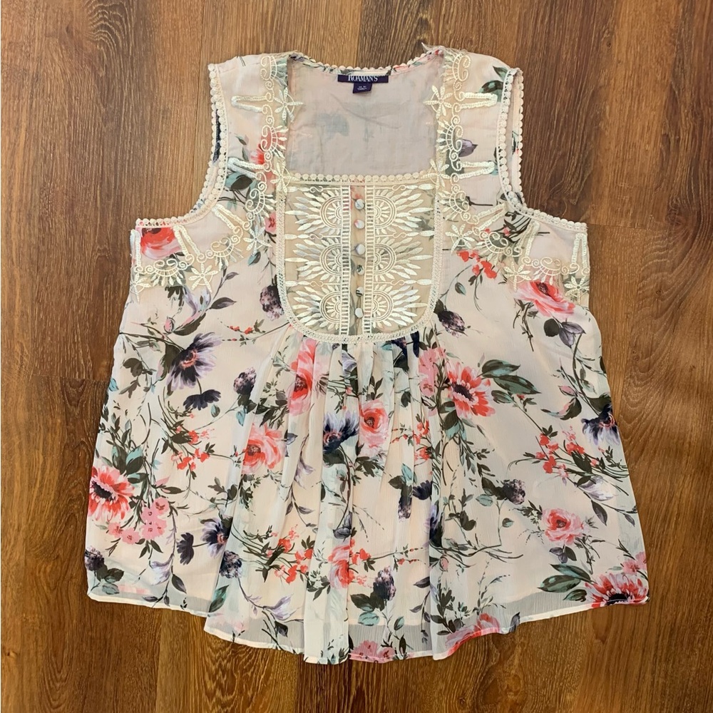 Roamans 16W Pink Angel Chiffon Blouse EUC Floral Sleeveless Lace Embroidered - Picture 2 of 13